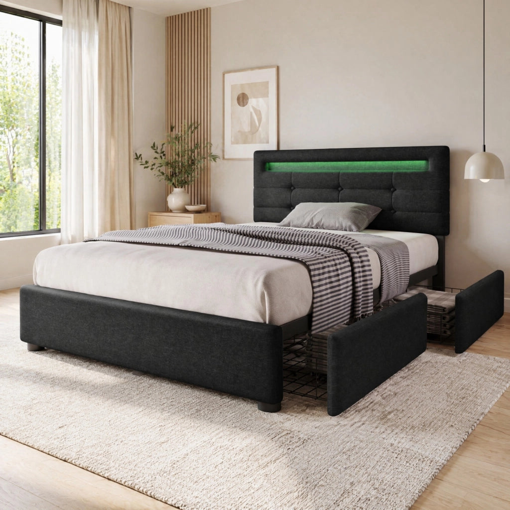Letto singolo imbottito nero 90x200 cm con LED, 2 cassetti e materasso H3