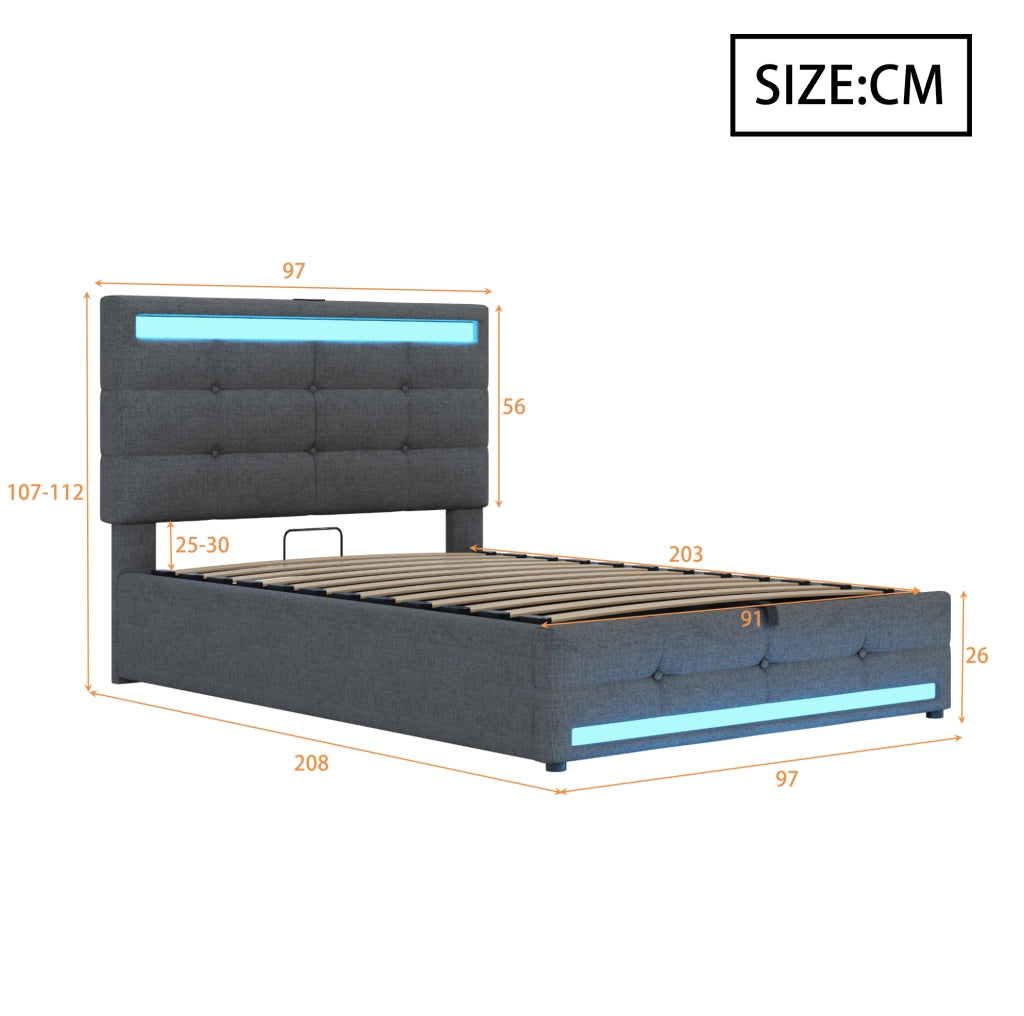 Letto imbottito singolo 90x200 cm con LED RGB; USB e testiera regolabile; grigio