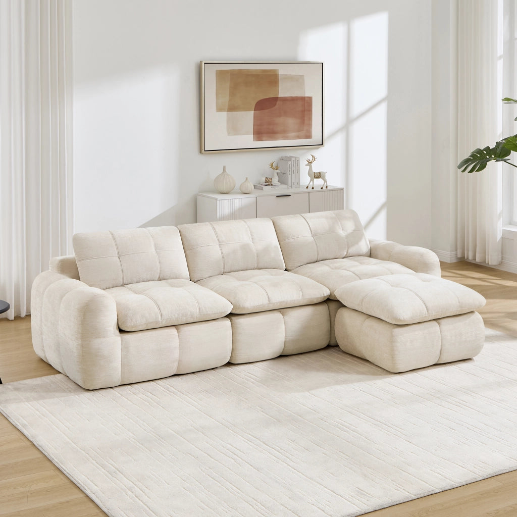 Divano modulare angolare senza struttura con rivestimento in chenille e comfort ergonomico beige 264 × 160 × 68 cm