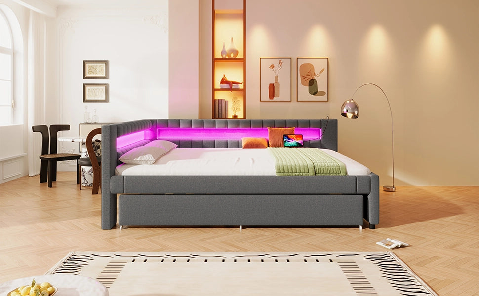 DESMIU Divano letto 140 × 200 cm 2 posti con LED, USB, Type-C e letto estraibile, senza materasso, grigio