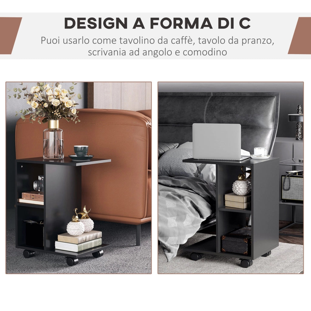 Tavolino da Salotto a C 45x35x58 cm con 2 Ripiani e 4 Ruote Girevoli Nero