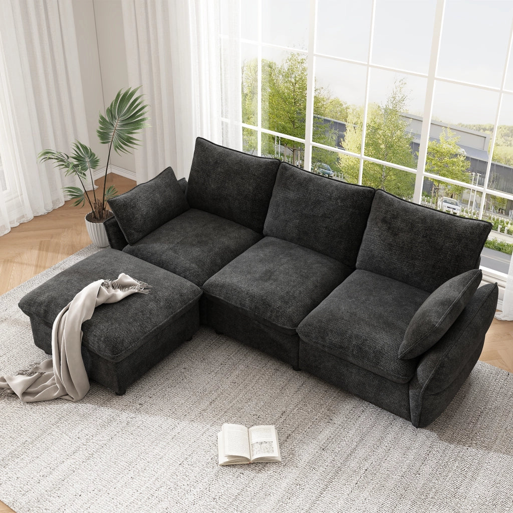 Divano angolare moderno in chenille con ottomana e 2 cuscini, 3 posti, grigio scuro, 222,5 ¡Á 154,5 ¡Á 76,5 cm