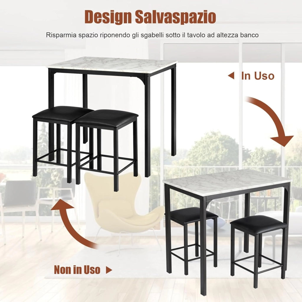 Tavolo Cucina con 2 Sgabelli, Tavolo Alto con 2 Sgabelli Senza Schienale in Similpelle da Cucina, Sala da Pranzo e Soggiorno, Tavolo Bar con Sgabelli Moderno per Spazi Piccoli (Nero)