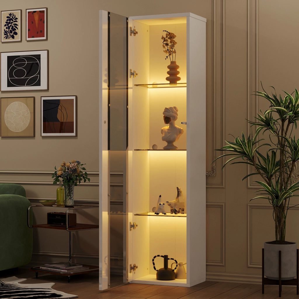 Vetrina con 2 Ante e 4 Ripiani; LED Multicolore con Telecomando e App; Stile Moderno; in Pannello Truciolare; 40??29??170 cm; Bianco