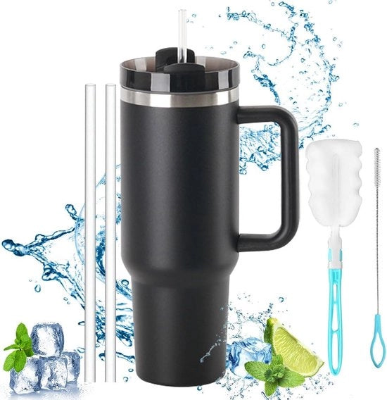 Bicchiere termico con manico e beccuccio, 1200 ml, bicchiere a doppia parete, in acciaio inossidabile con isolamento a vuoto, 40 oz, bicchiere da viaggio, bicchiere a soffietto con manico, nero