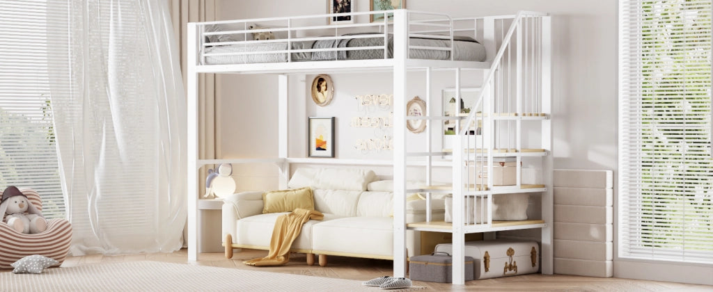 DESMIU Letto a soppalco letto singolo 90 × 200 cm 1 posto con scala e vano contenitore, senza materasso, bianco
