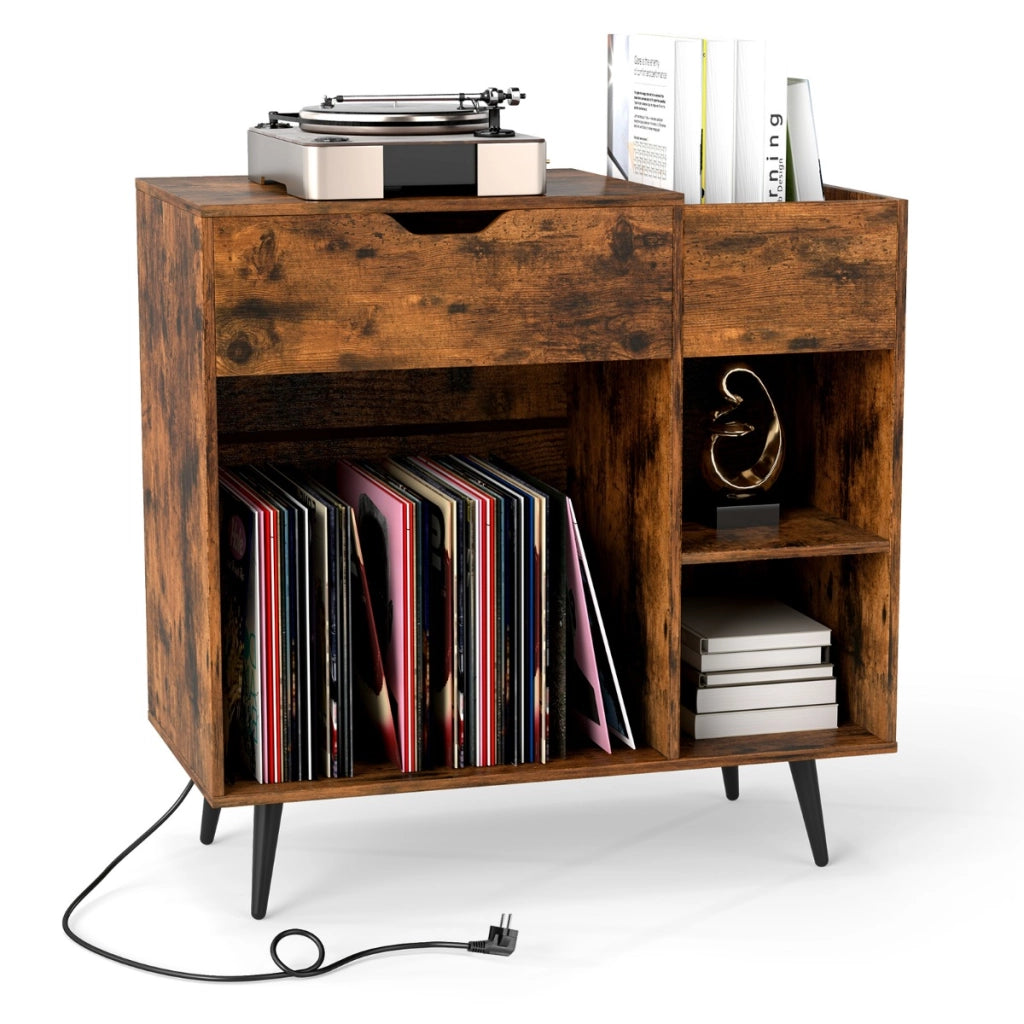 Tavolo record in vinile con cassetto estraibile-Supporto per giradischi per soggiorno e camera da letto Marrone Rustico