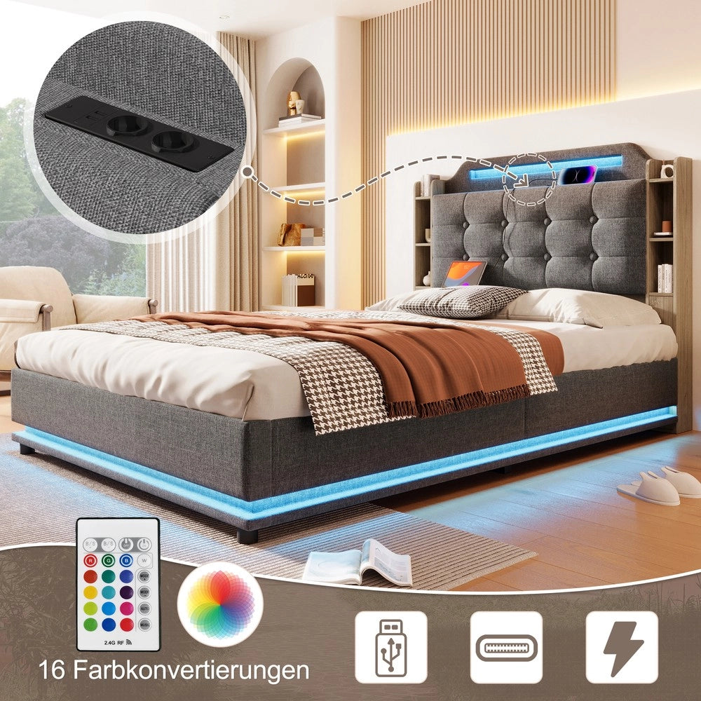 Letto Imbottito Contenitore con LED ¨C MINIMAL ¨C Tessuto Grigio, 140x200, USB, Idraulico