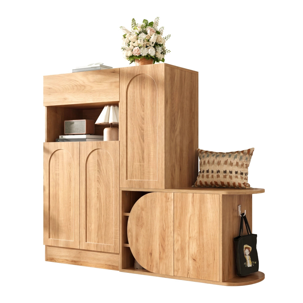Mobile scarpiera con panca e cassetto, 5 ante e vani aperti, design moderno in finitura naturale, 130 x 35 x 110,5 cm