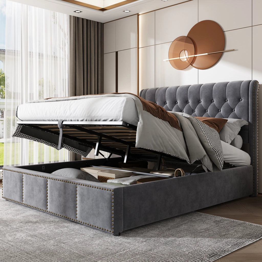 Letto matrimoniale 140x200 cm con contenitore e panca imbottita; in velluto grigio