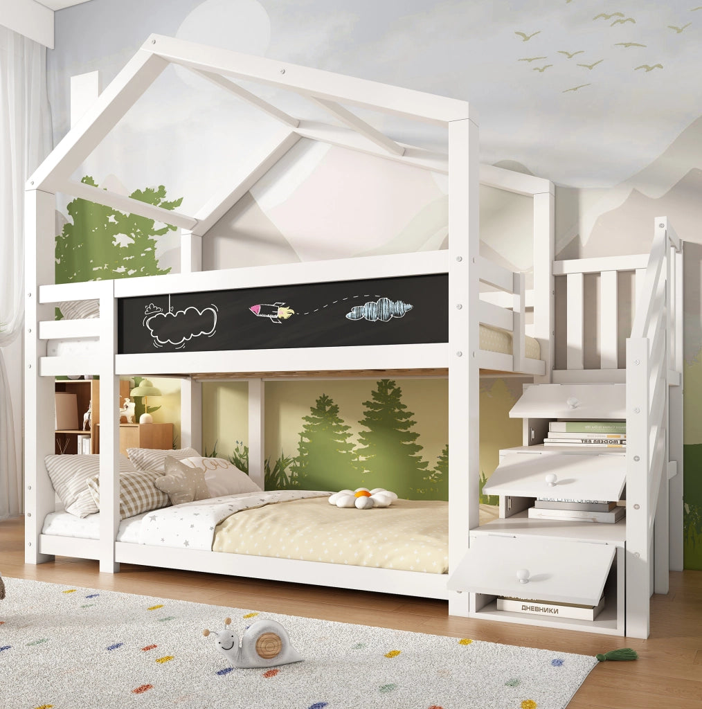 Letto a castello 90x200 cm a casetta con scala contenitore e lavagna in truciolare e legno bianco