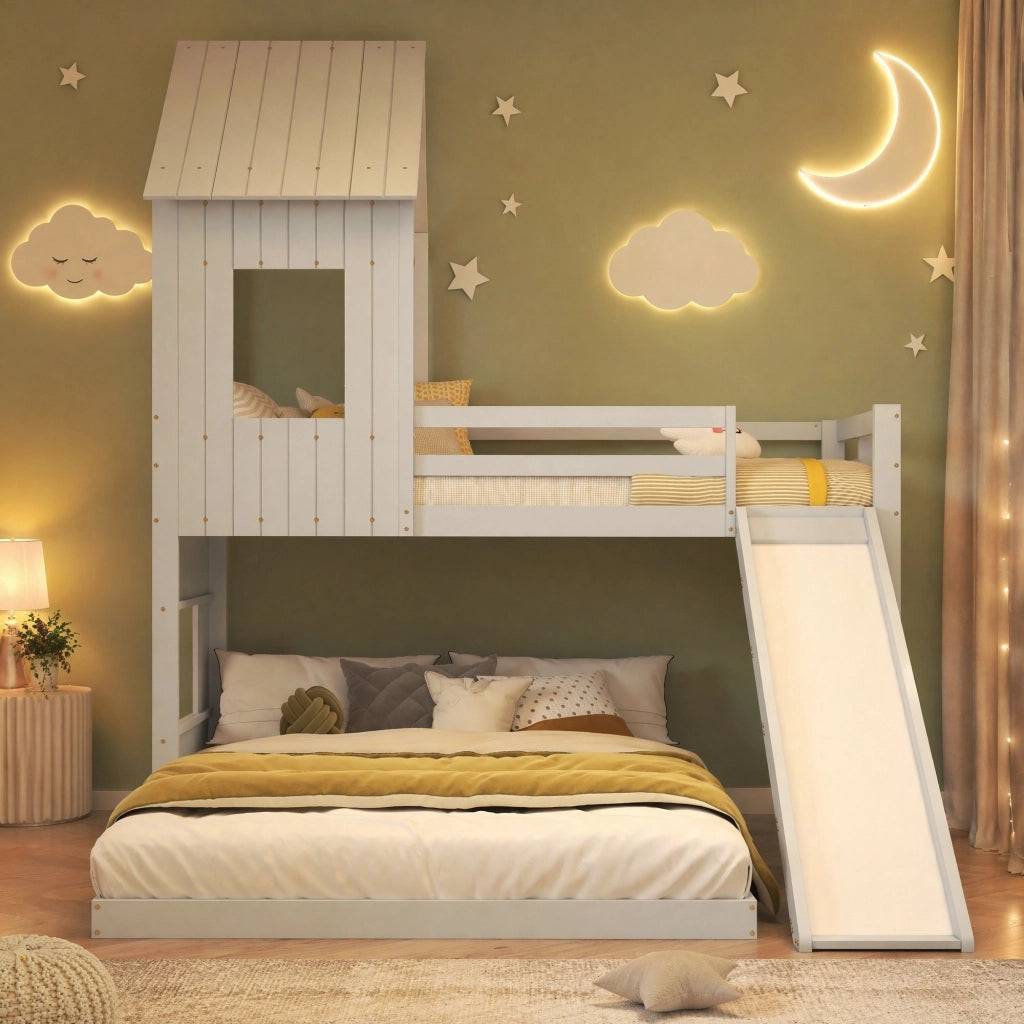 Letto a castello per bambini con scivolo bianco 90x200/140x200 cm