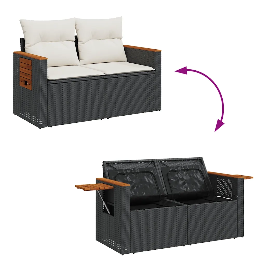 Set Divani da Giardino 9 pz con Cuscini Nero Polyrattan Acacia