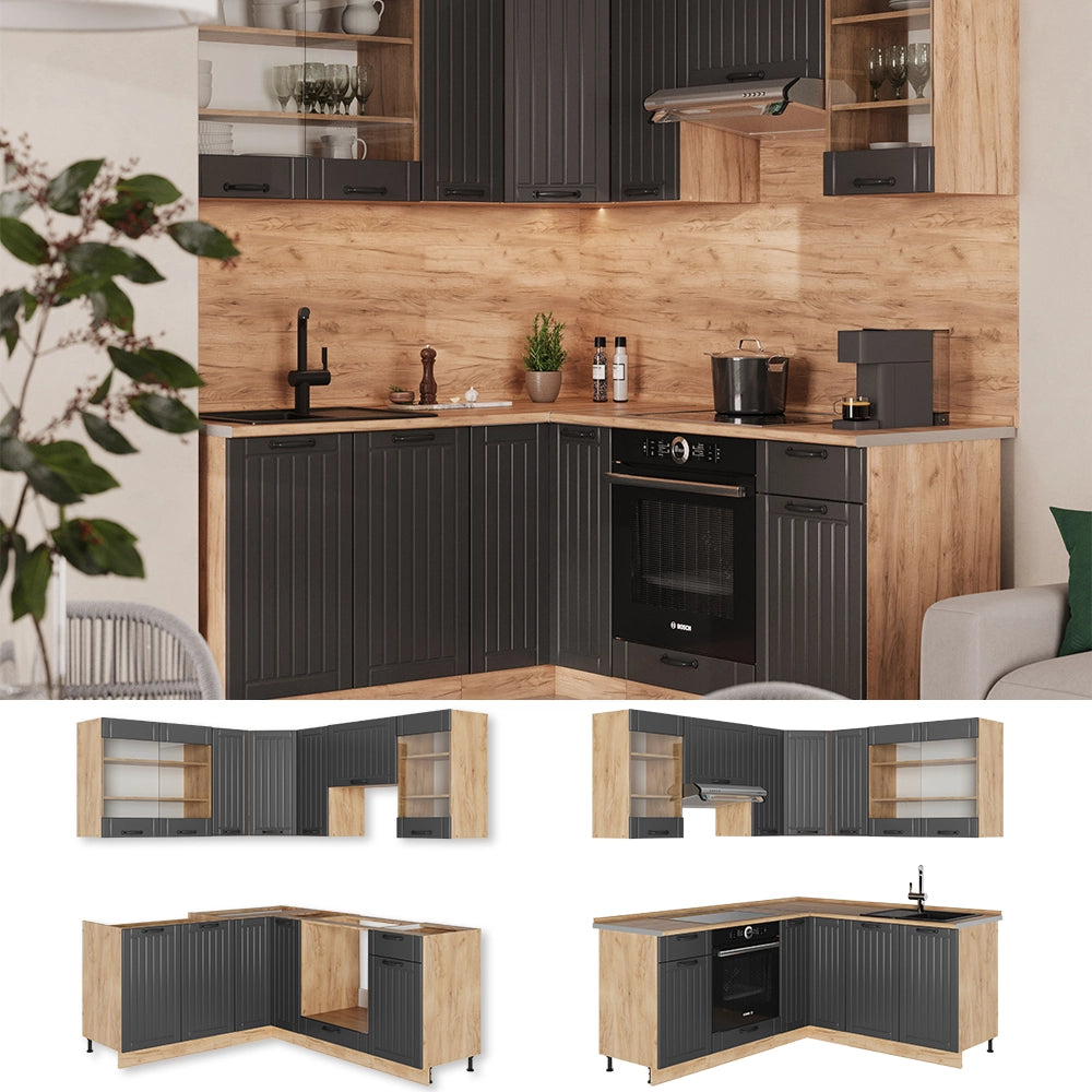 Cucina angolare completa Fame-Line Grigio scuro/Rovere dorato 190 x 60 cm, PL Antracite Vicco
