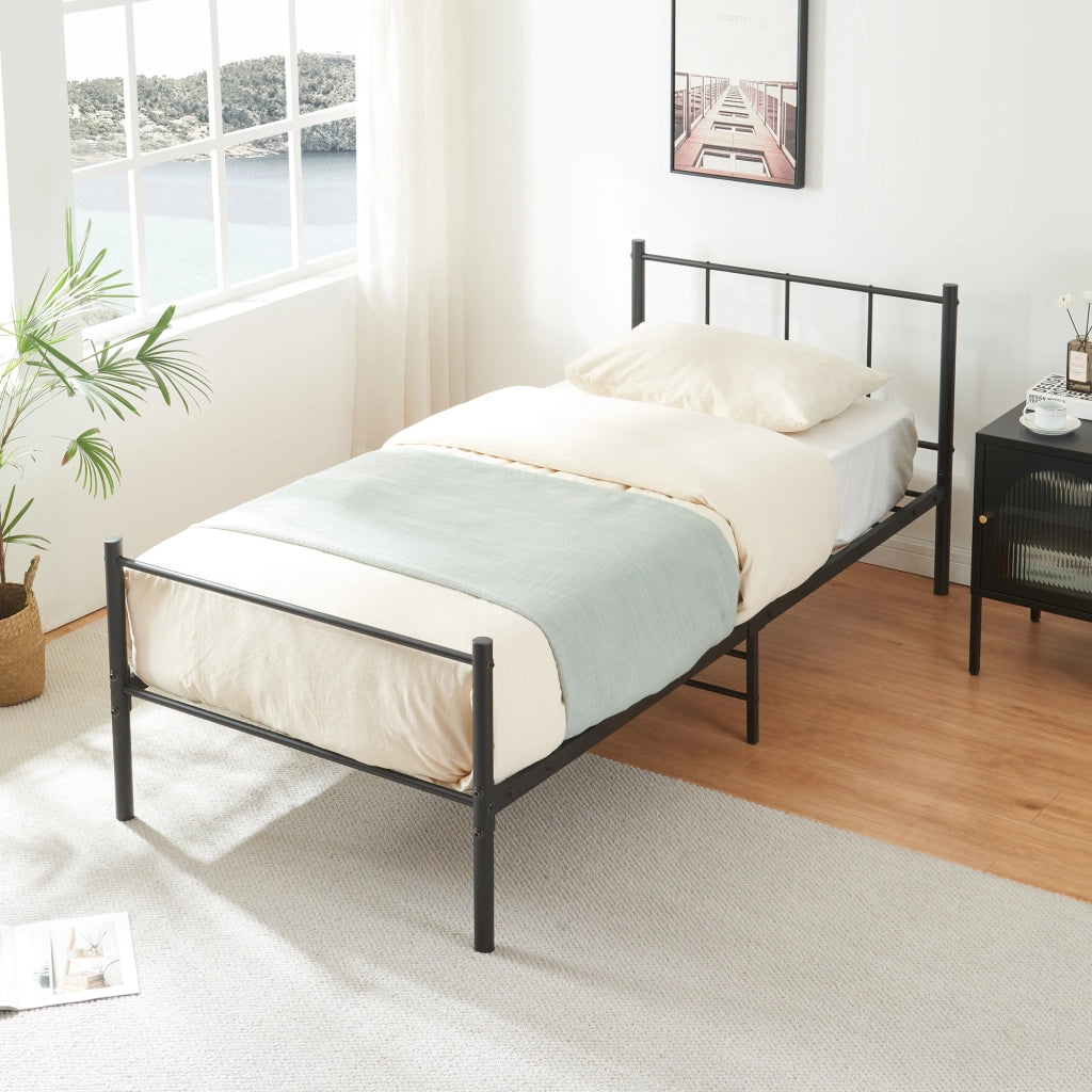 Letto Singolo Laos con Materasso 90x200 cm Letto in Acciaio con Testiera e Pediera - Nero [en.casa]