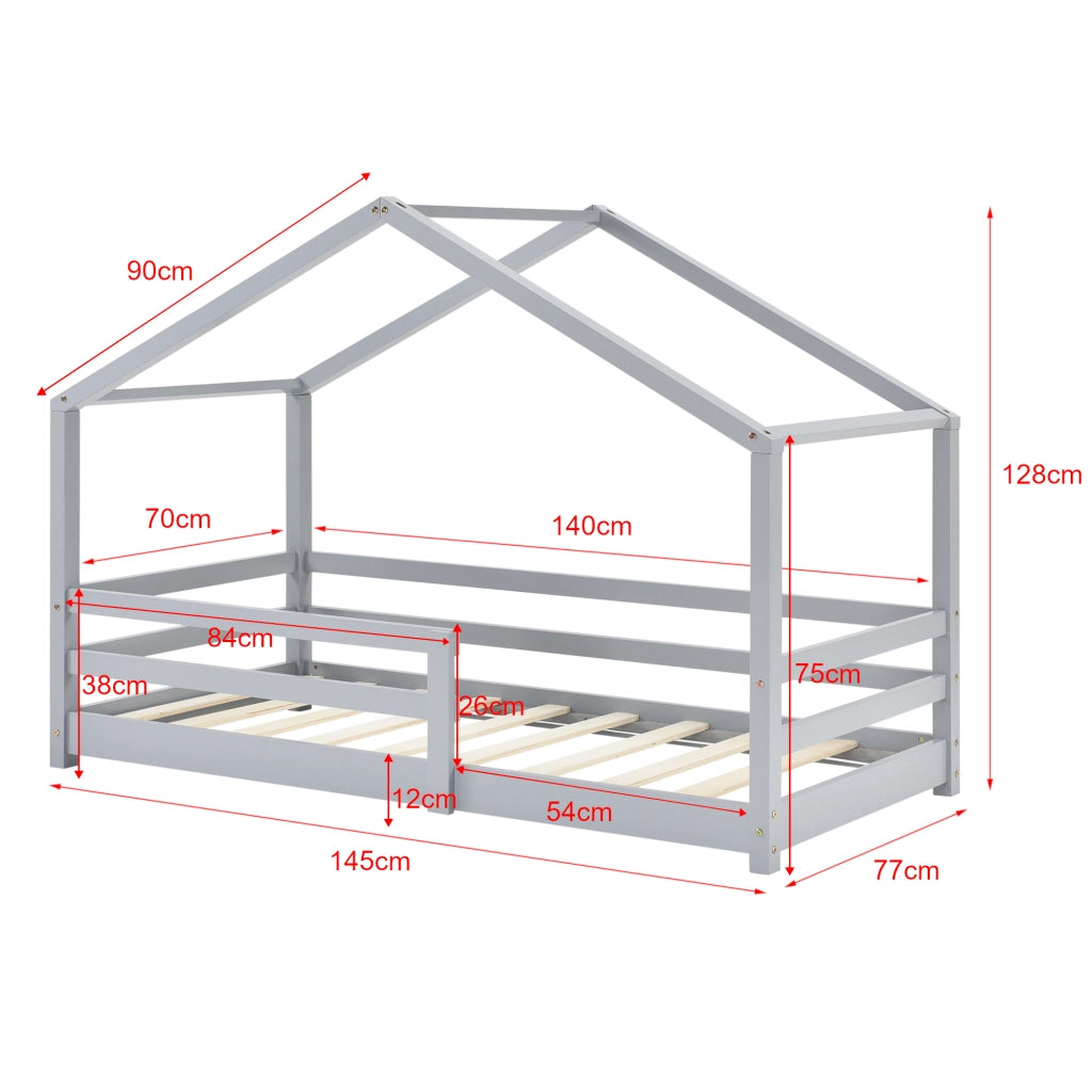 Letto per Bambino a Forma di Casetta con Barriere di Sicurezza e Materasso Ortopedico 70 x 140 cm Lettino in Legno di Pino con Sponde - Grigio Chiaro