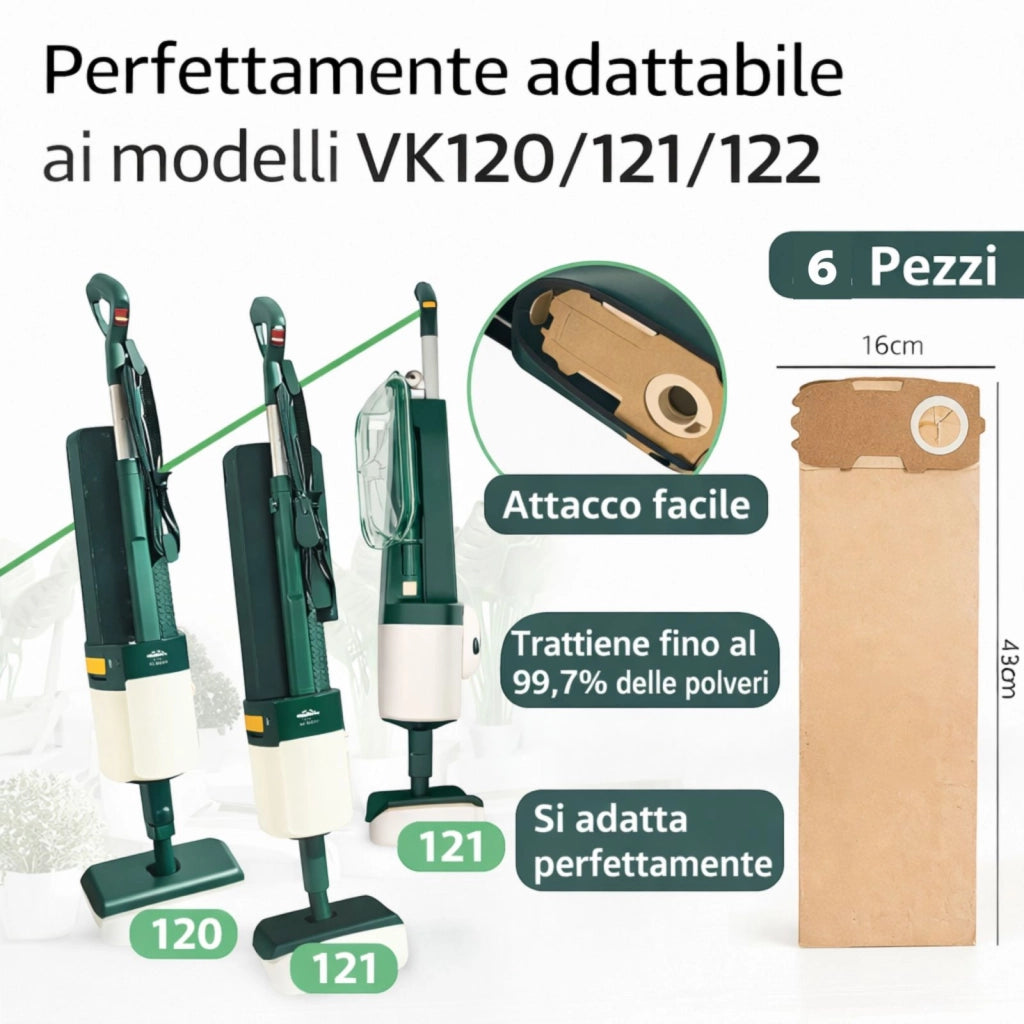 Kit 6 Sacchetti Aspirapolvere Compatibili Vorwerk Folletto VK120 VK121 VK122