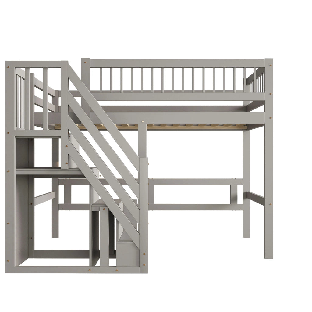 Letto a soppalco 90x200 cm con scala portaoggetti in legno grigio