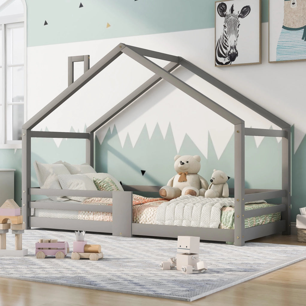 Letto a casetta 90x200 cm con protezione anticaduta; legno; grigio (Senza materasso)