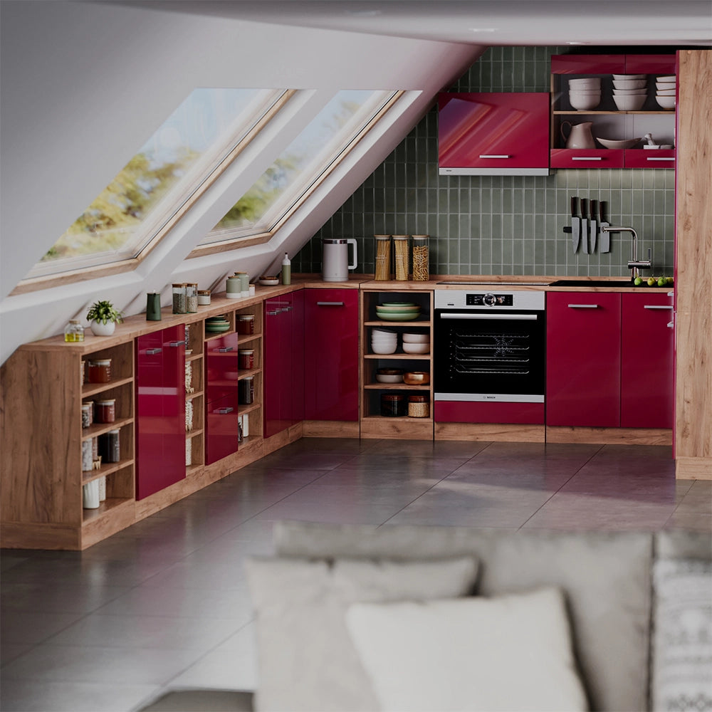 Mobile cucina sottotetto R-Line Rosso lucido/Rovere dorato 140 cm Set di 2 carcasse armadio profondità 60 cm Vicco