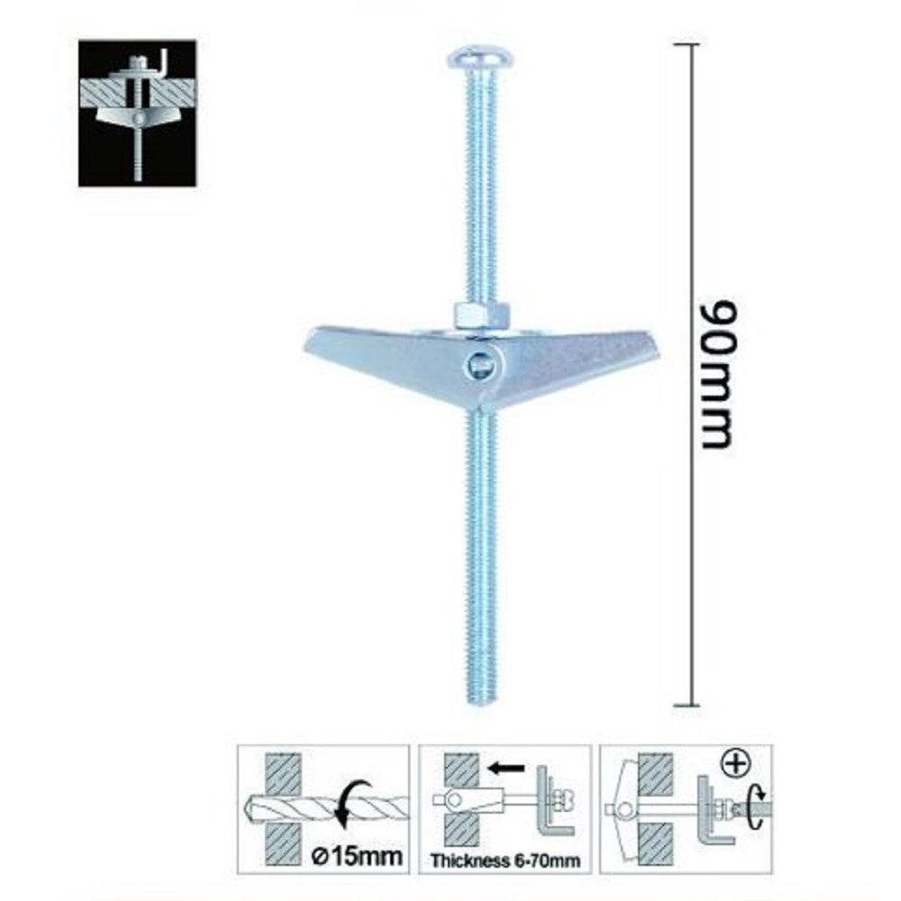 Trade Shop - Set 2 Pz Ancora A Farfalla In Acciaio Con Dado E Rondella Tassello M5x90mm 57227 -