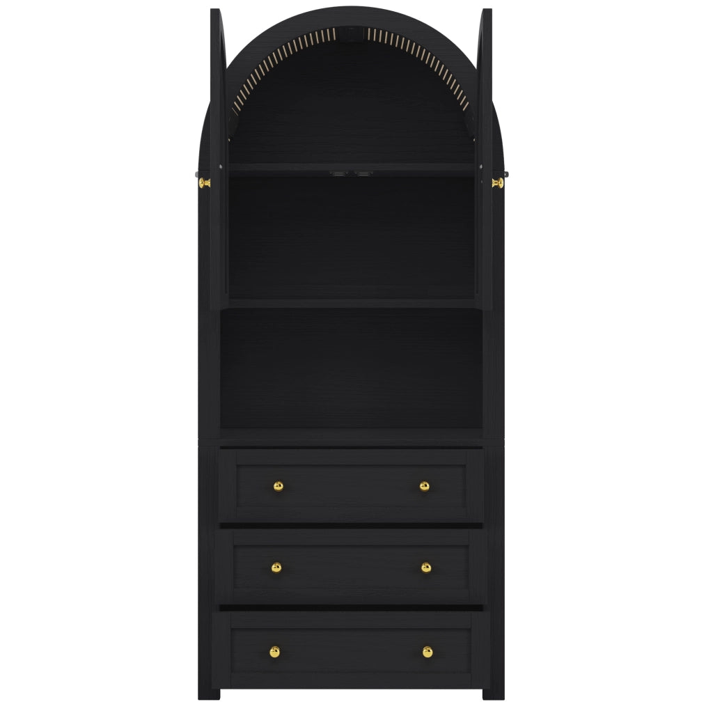 Credenza alta 70x35x180 cm con 3 cassetti; vano aperto e dettagli in metallo in MDF nera