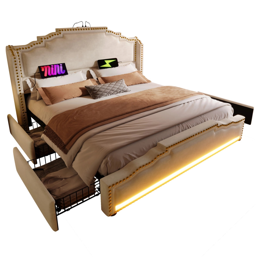 Letto 140x200 con 4 cassetti; LED; USB e Type-C; velluto beige