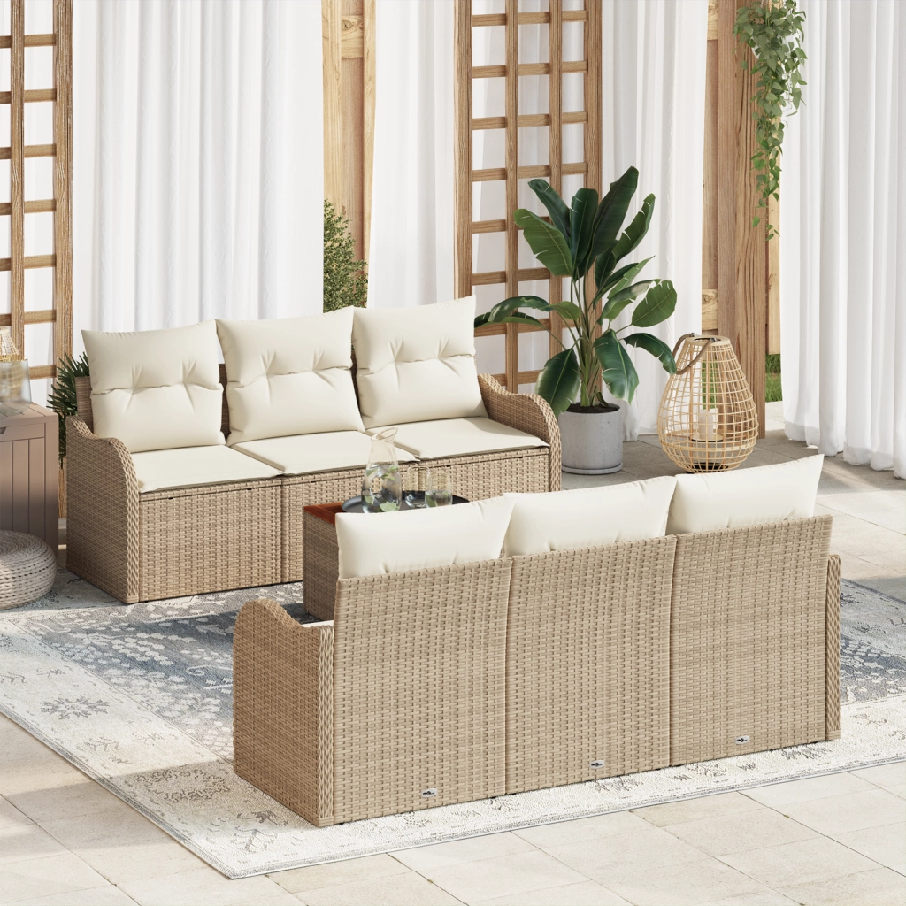 Set Divano da Giardino 7 Pezzi con Cuscini Beige Rattan Sintetico Acacia