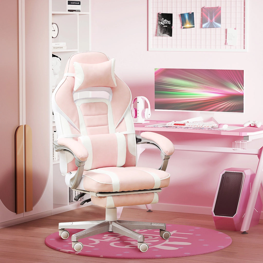 Sedia da gaming girevole con poggiapiedi e schienale reclinabile con cuscini lombare e cervicale in similpelle rosa