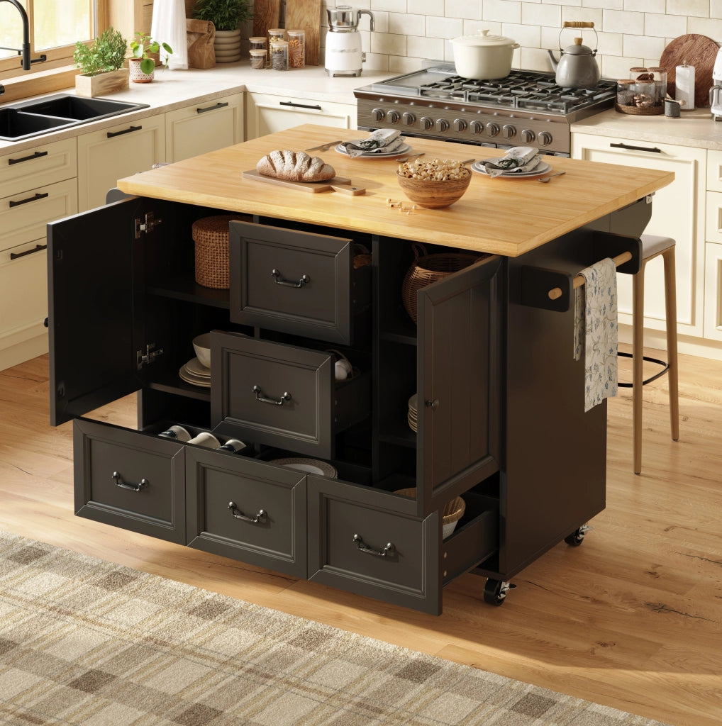 Isola da cucina mobile pieghevole con ruote; MDF e metallo; nera