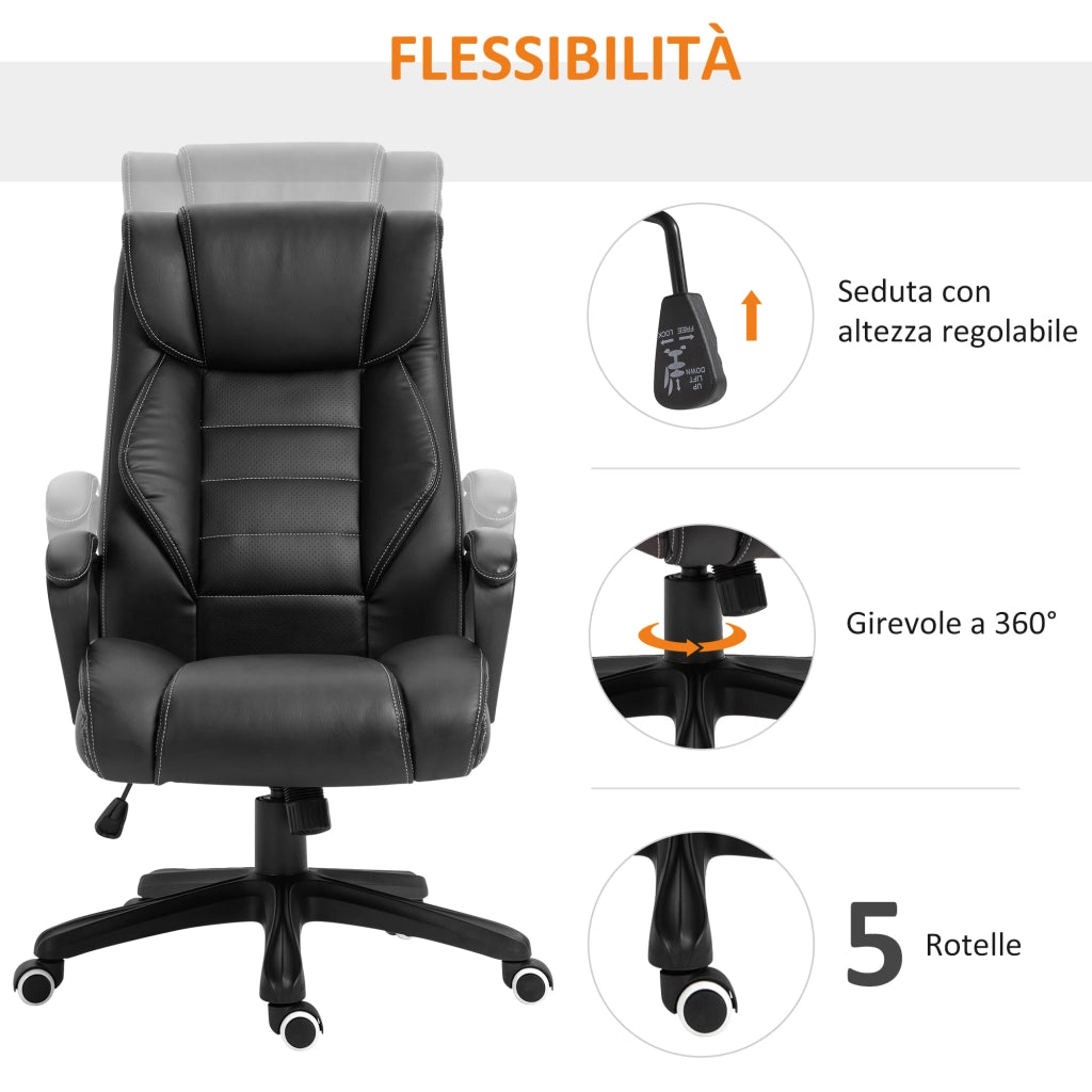 EasyComfort Poltrona Massaggiante da Ufficio a 6 Punti con Altezza Regolabile, in Similpelle Nera, 66x78x112-120 cm