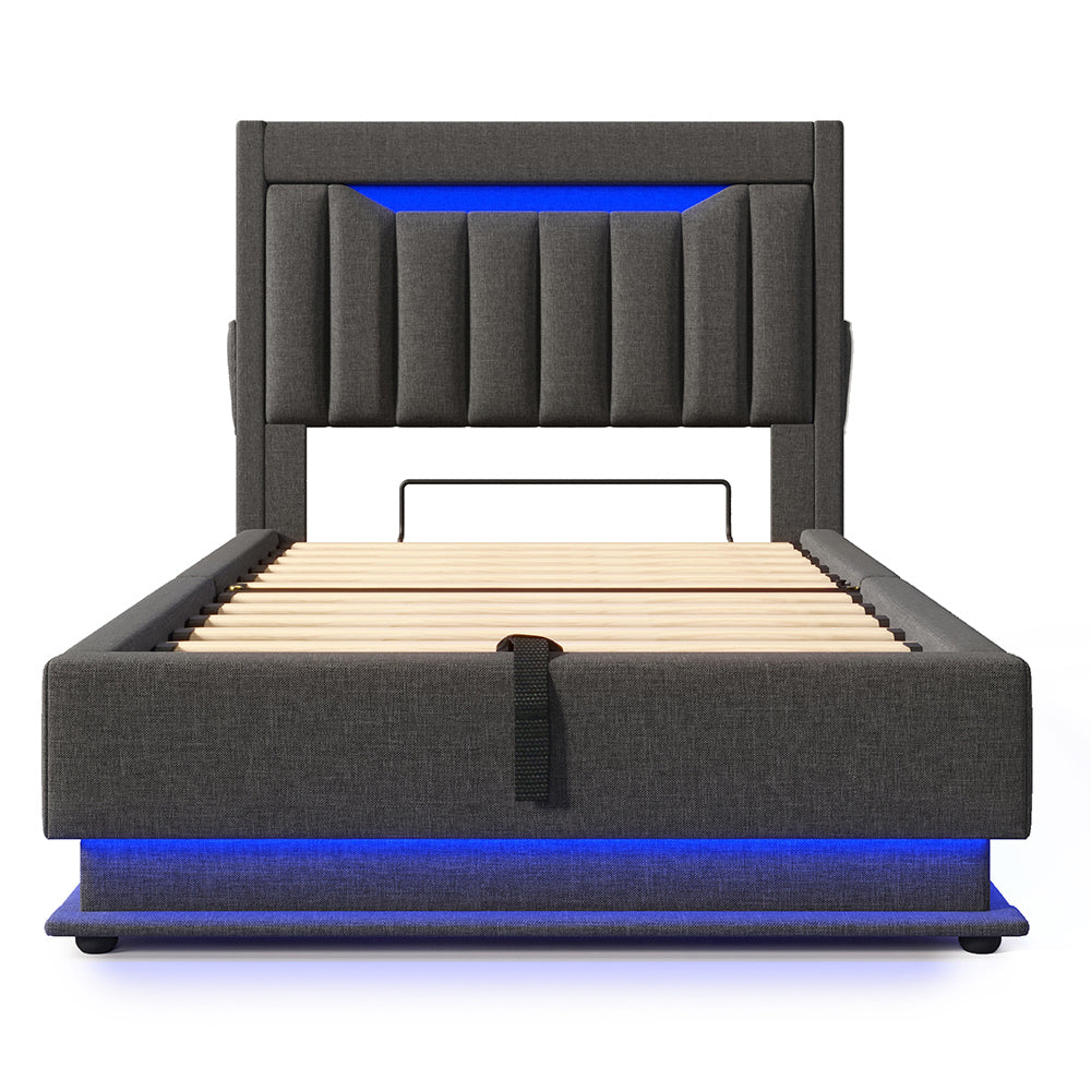Letto singolo-Xylo-90x200 cm-LED, USB-C, testiera, idraulico, lino, grigio