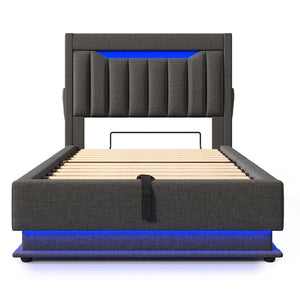 Letto singolo-Xylo-90x200 cm-LED, USB-C, testiera, idraulico, lino, grigio