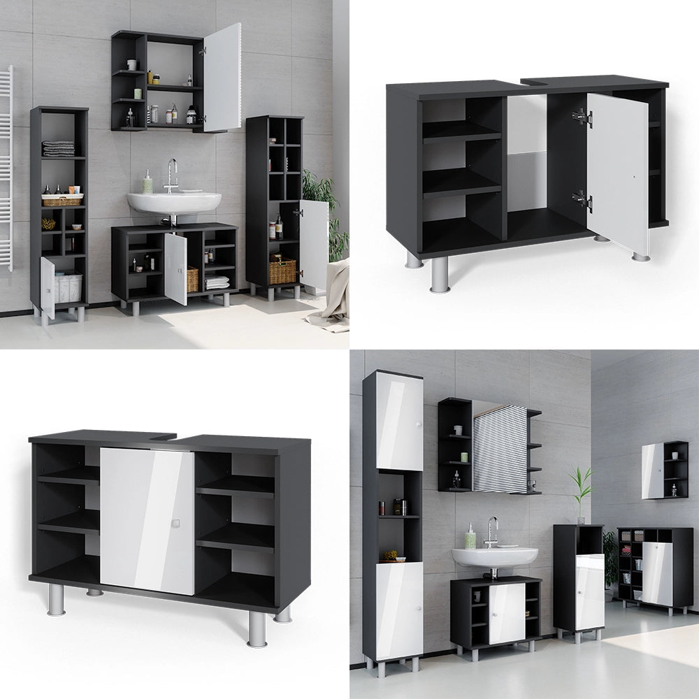 Mobiletto per lavabo Fynn Antracite/Bianco lucido 80 x 54 cm con 6 ripiani Vicco