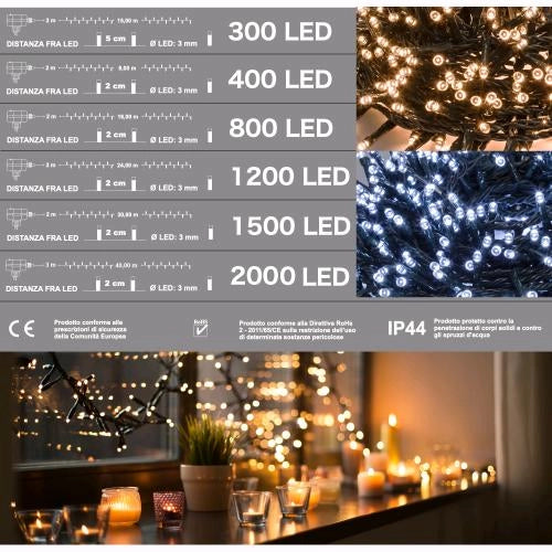 Serie Luci Natale 400 Micro Led Luce Fredda Giochi Luce Filo 10 mt Uso Esterno D3314
