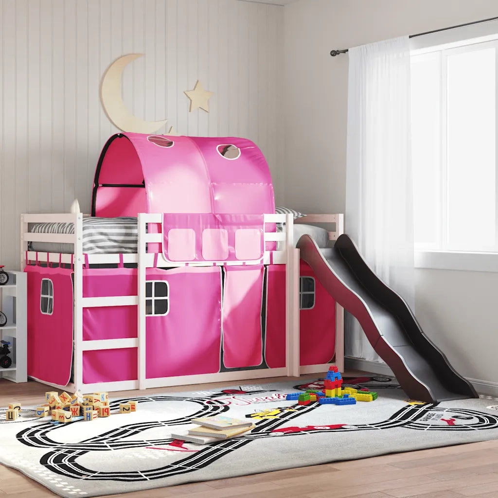 vidaXL Letto a Castello con Scivolo e Tende Rosa 90x200 cm