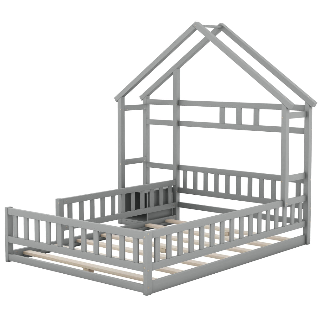 Letto Casetta Matrimoniale con Sponda e Comodino 140×200 cm; senza Materasso; in Pino e MDF; Grigio