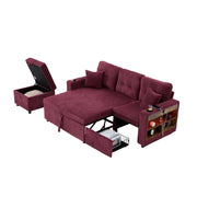 Divano letto 196x82x85 cm in tessuto bordeaux con vano contenitore， USB-C e LED