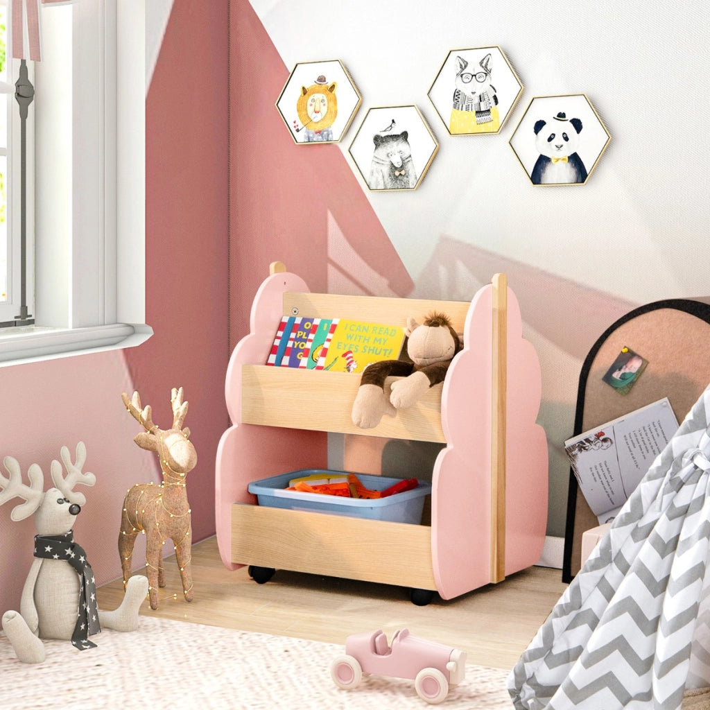 Libreria in legno per bambini con organizzatore di libri, Scaffale di stoccaggio a 2 livelli 52x46x62,5cm Rosa