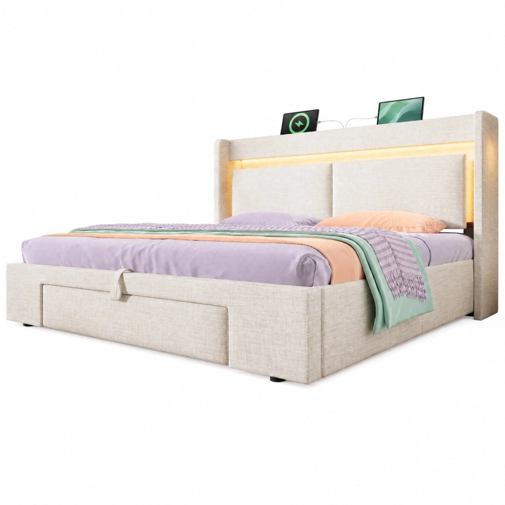 Letto imbottito 140x200 cm con contenitore idraulico; LED e porte USB; beige