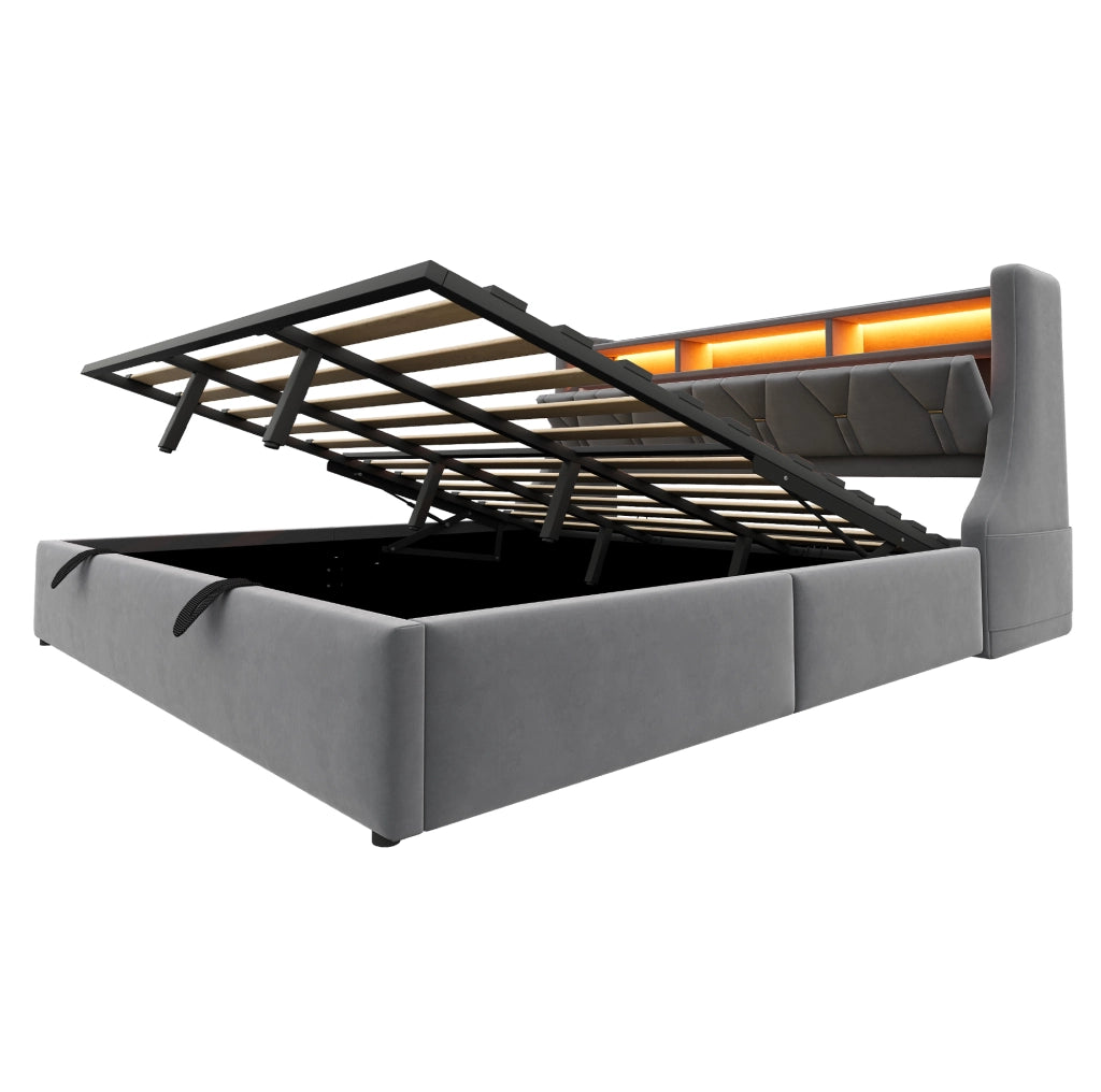 Letto contenitore imbottito 180x200 cm con LED, prese integrate e testiera con vano