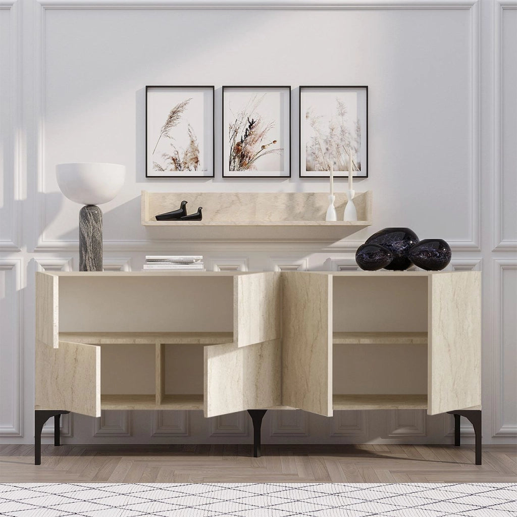 Credenza in legno con mensola a muro "Stella" - 180 x 40 x 55 cm - Travertino