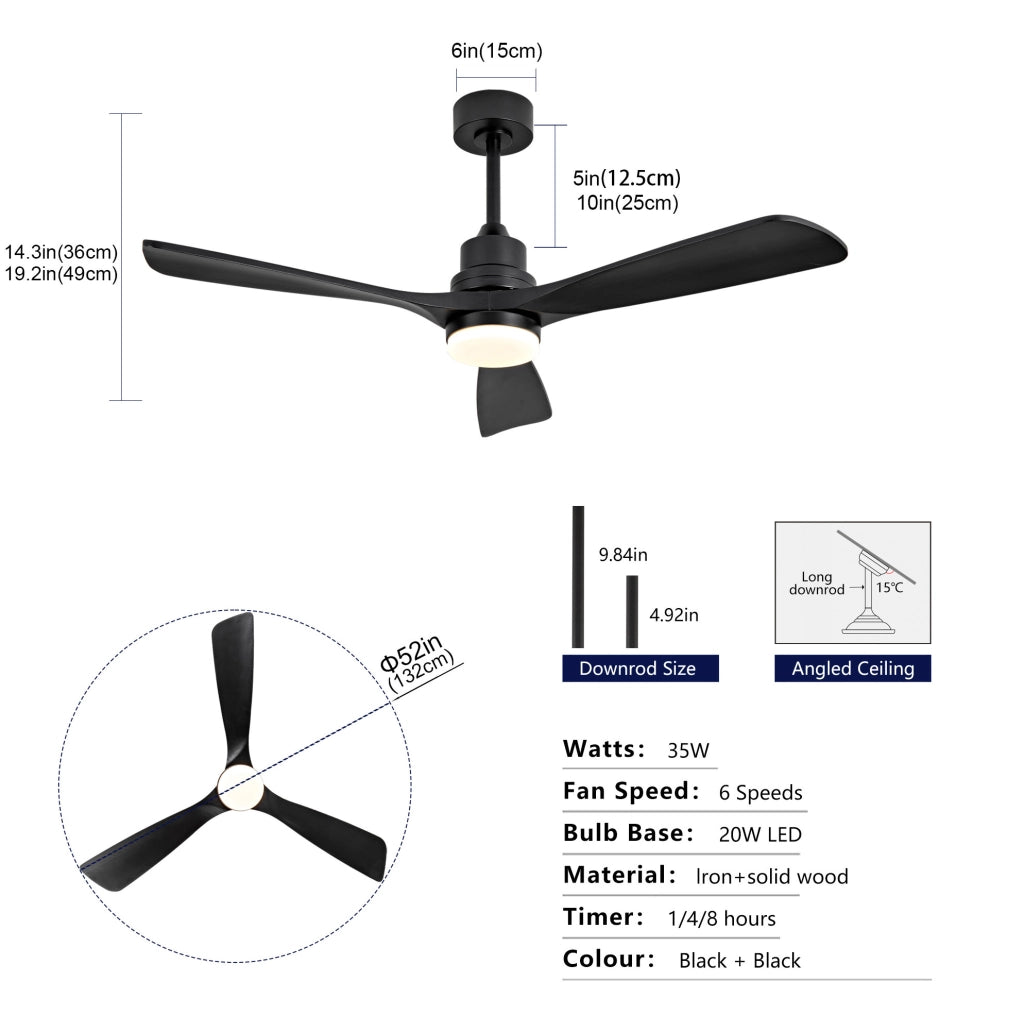 Ventilatore da soffitto 52" in legno massello, 3 pale, luce LED e telecomando, nero