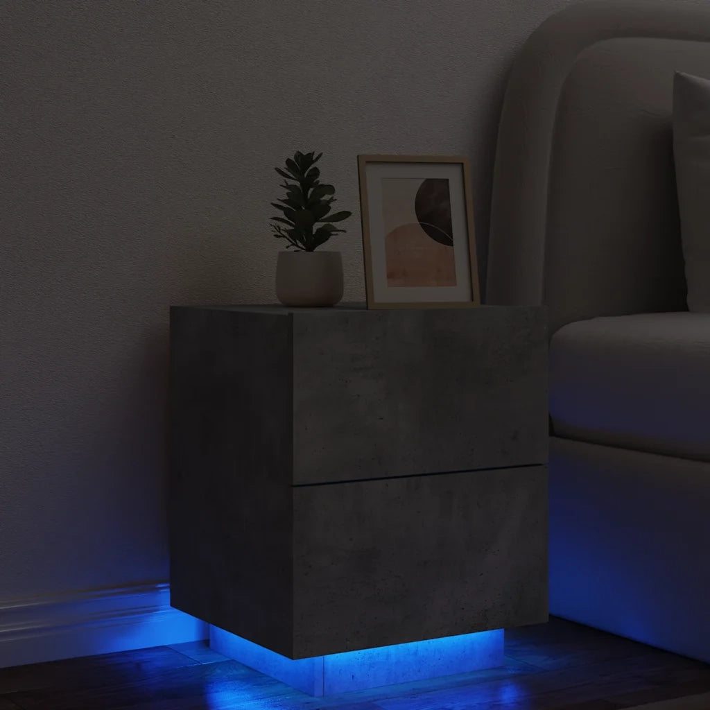 Comodino | Armadio da Notte | Mobiletto da notte con Luci LED Grigio Cemento in Legno Multistrato