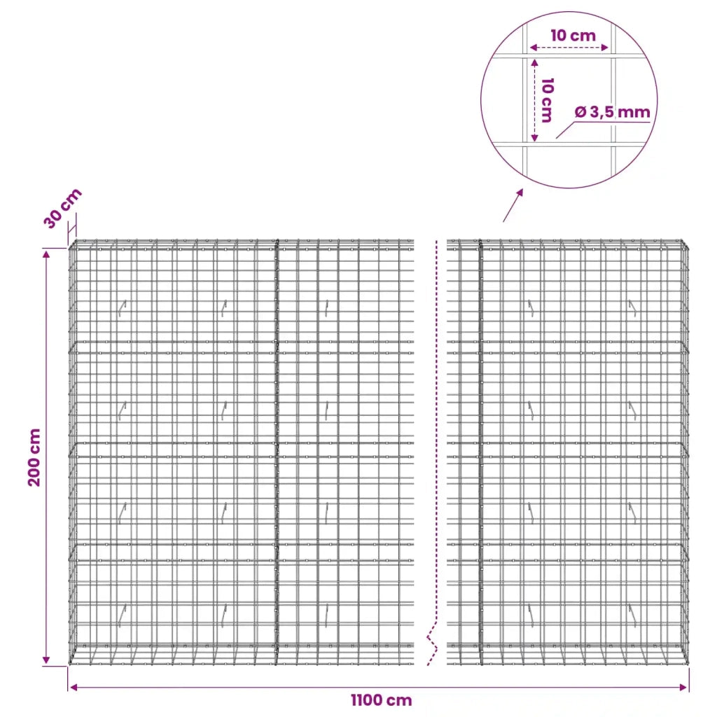 Gabione con Filo da 3,5 mm e Rete da 10x10 cm 1100x30x200 cm 3463264