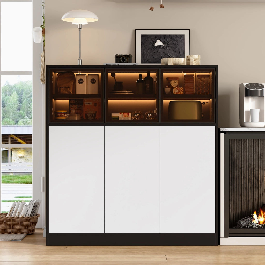 Credenza bicolore con LED, 6 ante e 14 vani, 100x40x105 cm