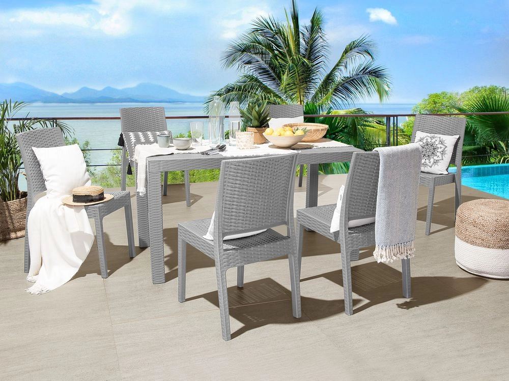 Set da pranzo da giardino Tavolo rettangolare grigio chiaro 140 x 80 cm 6 sedie impilabili 6 posti minimalista