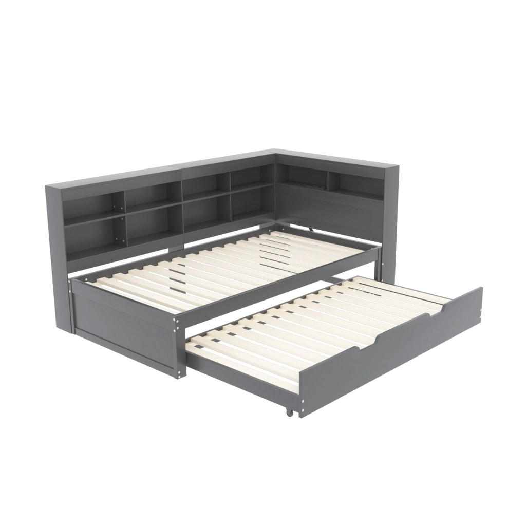 Divano letto multifunzionale 90x200 cm con letto estraibile 90x190 cm; USB e vani contenitore; grigio