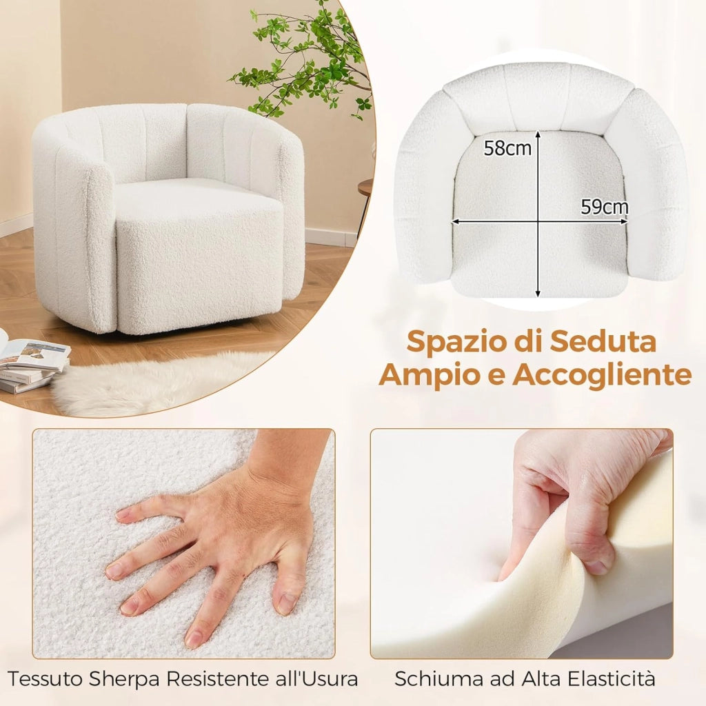 Poltrona Relax Girevole, Poltrona Moderna Imbottita con Schienale Curvo e Braccioli, Sedia da Lettura per Soggiorno, Poltrona Soggiorno, Portata 160 kg