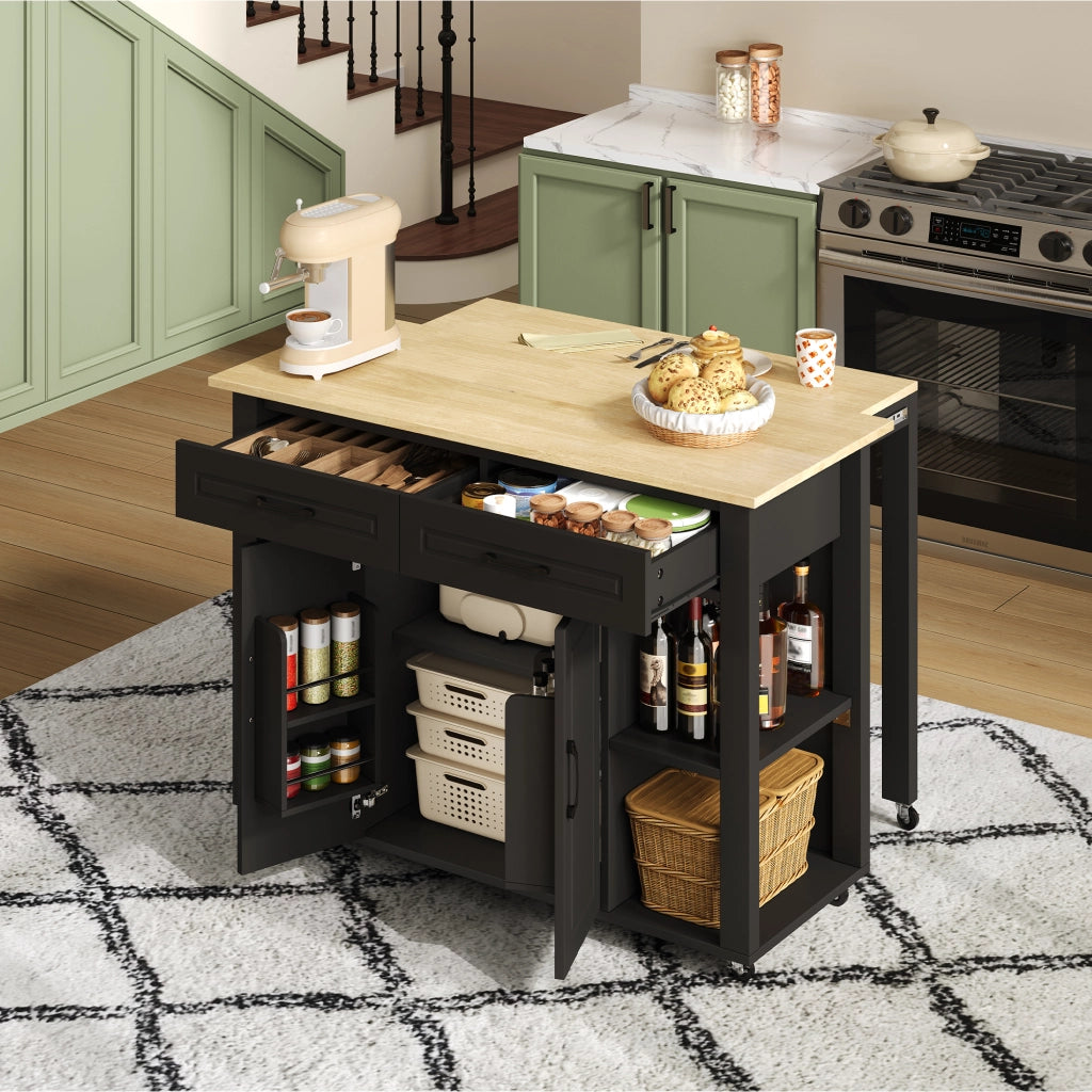 Isola Cucina Mobile Allungabile 120 cm ¨C MINIMAL ¨C con Cassetti, Ante e Prese Elettriche